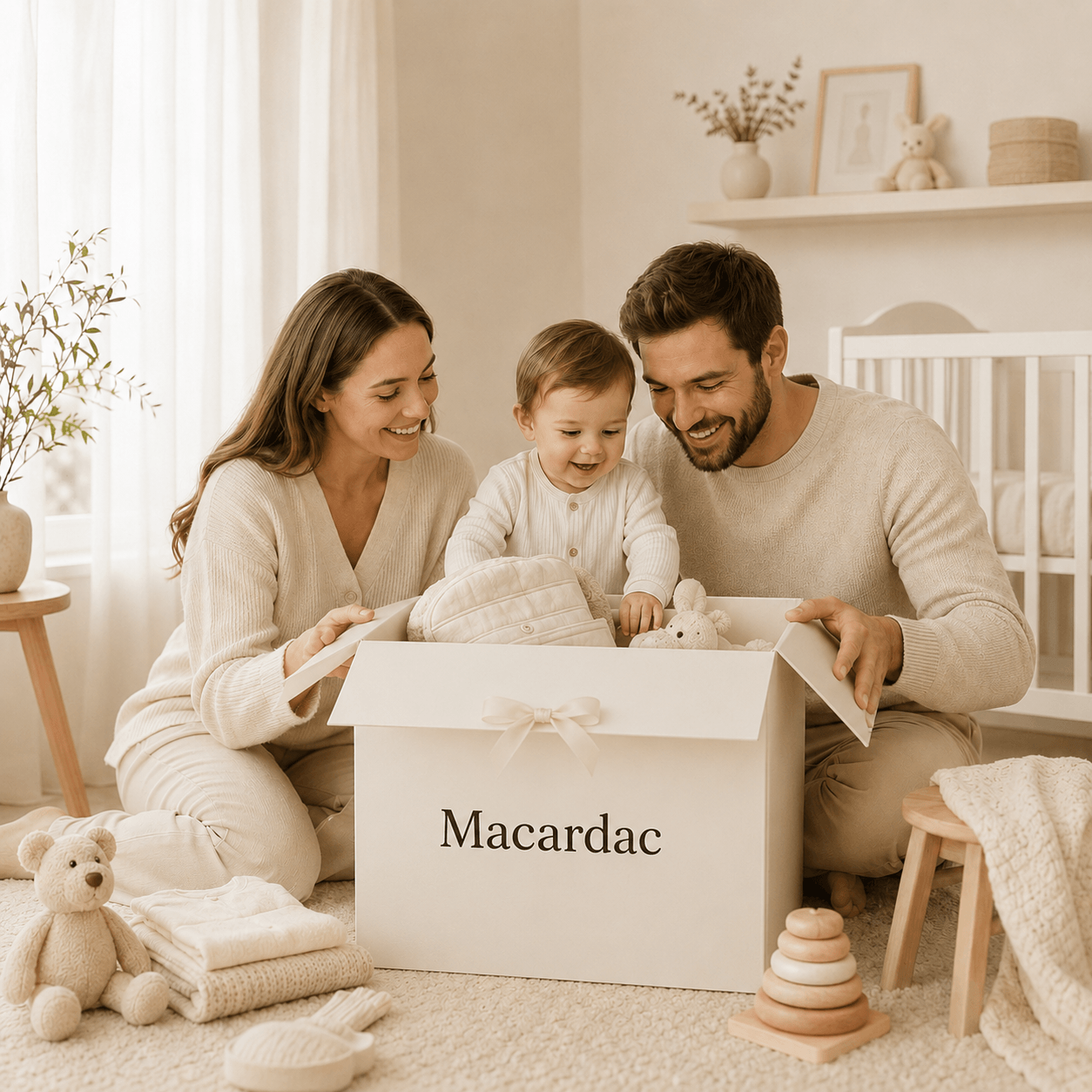 A family opening a Macardac box together with their baby in a warm, sunlit nursery