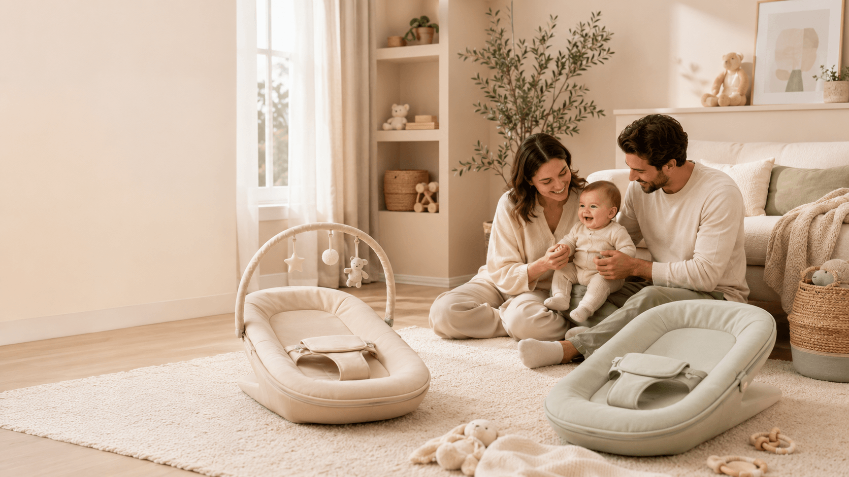 A young family playing with their baby beside two soft baby loungers in a warm, sunlit living room